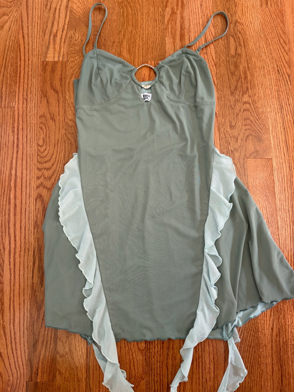 y2k inspired Tiger Mist Sage Green Ruffle-Trim Mini Dress